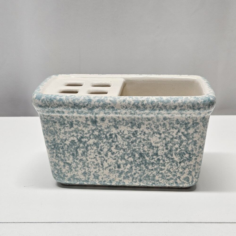 Vintage Ceramic Stoneware Toothbrush Holder Crock Blue Spongeware Bathroom